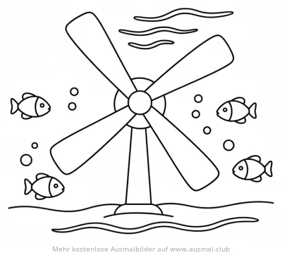 Gezeitenkraftanlage im Meer mit Fischen Ausmalbild