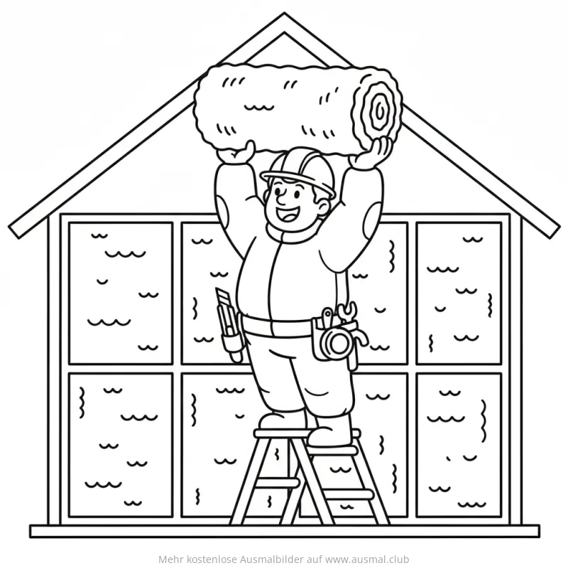 Handwerker dämmt Haus Ausmalbild
