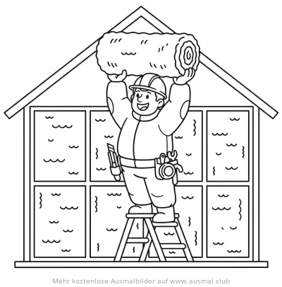 Handwerker dämmt Haus Ausmalbild