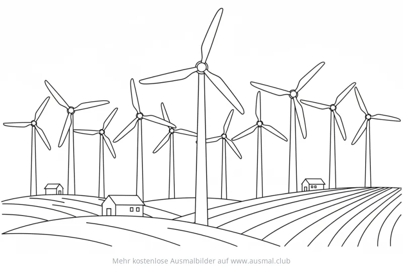 Windpark mit Windrädern und kleinen Häusern Ausmalbild
