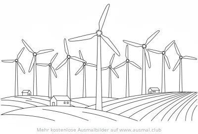 Windpark mit Windrädern und kleinen Häusern Ausmalbild