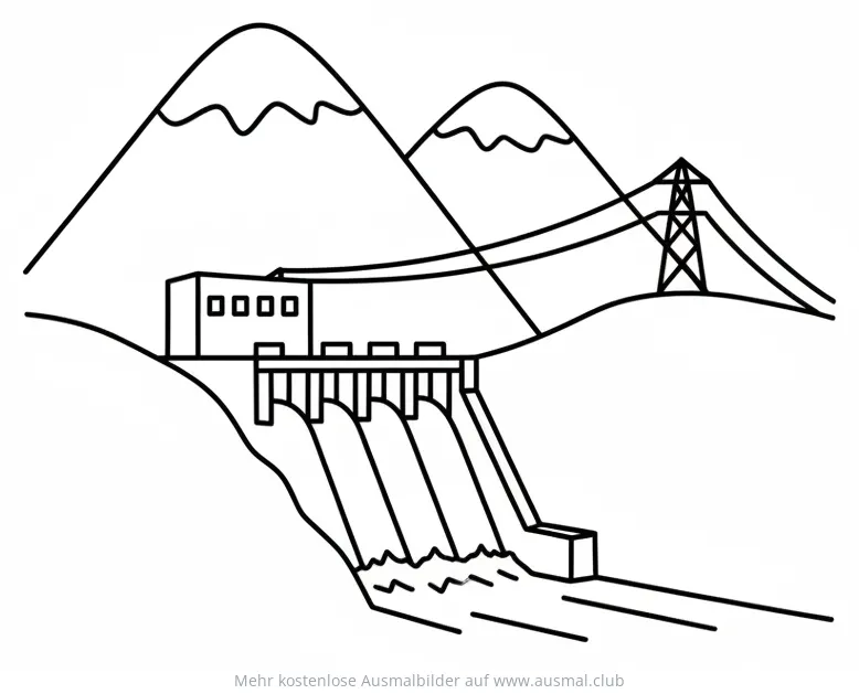 Wasserkraftwerk Ausmalbild mit Bergen und Stromleitung