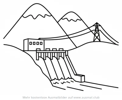 Wasserkraftwerk Ausmalbild mit Bergen und Stromleitung