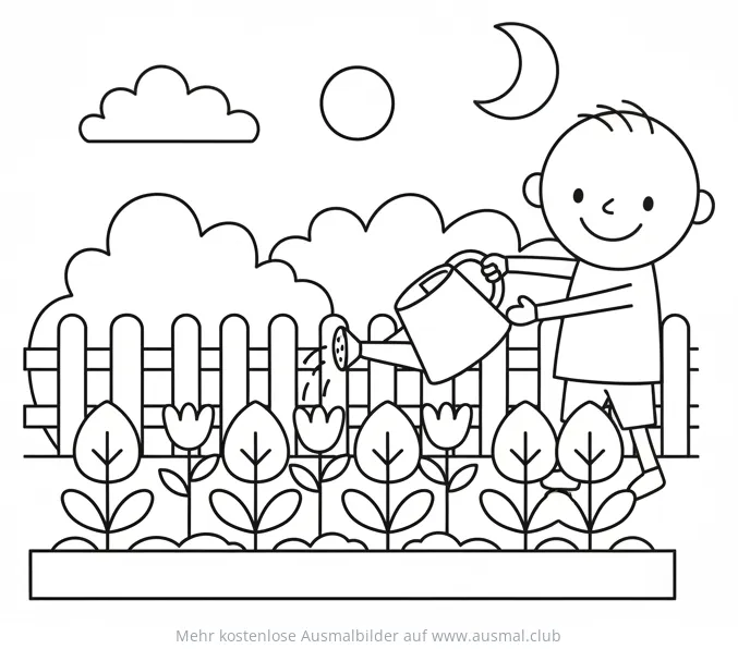 Junge bewässert Blumen im Garten Ausmalbild