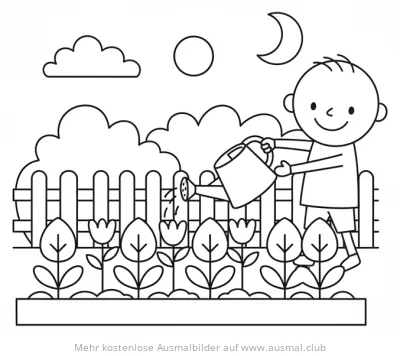 Junge bewässert Blumen im Garten Ausmalbild