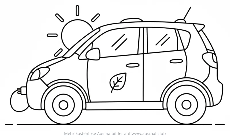 Hybridauto mit Blatt-Symbol und Sonne Ausmalbild