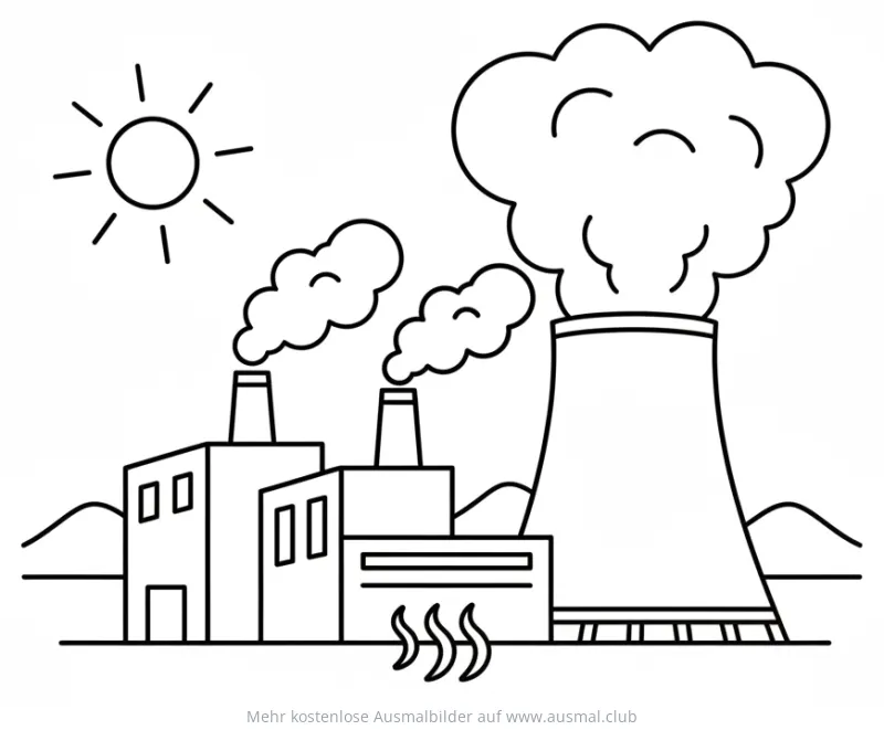Geothermiekraftwerk Ausmalbild mit Kühlturm und aufsteigendem Dampf