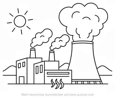 Geothermiekraftwerk Ausmalbild mit Kühlturm und aufsteigendem Dampf