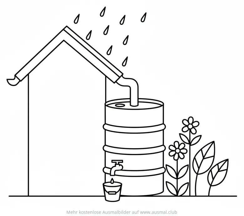 Regenwasser Sammelanlage mit Tonne und Eimer Ausmalbild