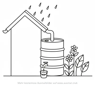 Regenwasser Sammelanlage mit Tonne und Eimer Ausmalbild