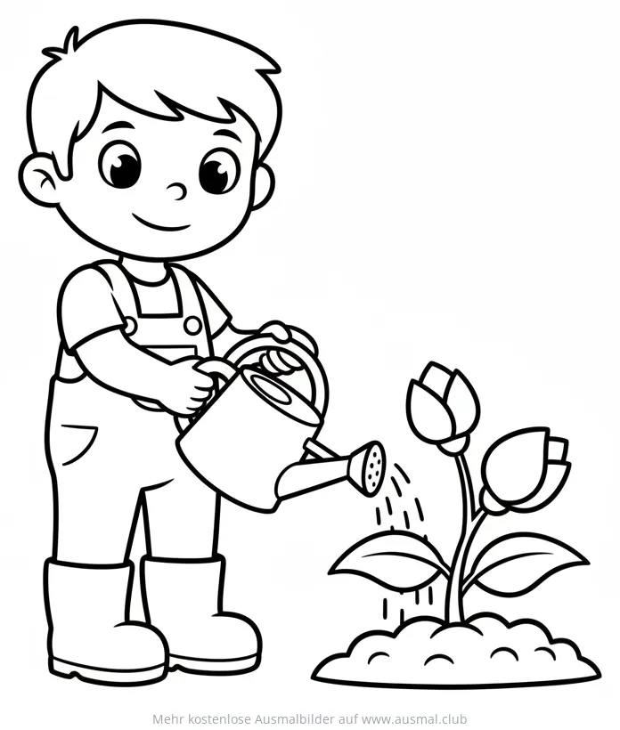 Junge gießt Pflanze mit Gießkanne Ausmalbild