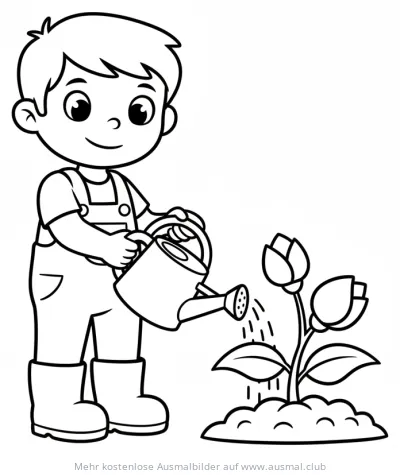 Junge gießt Pflanze mit Gießkanne Ausmalbild