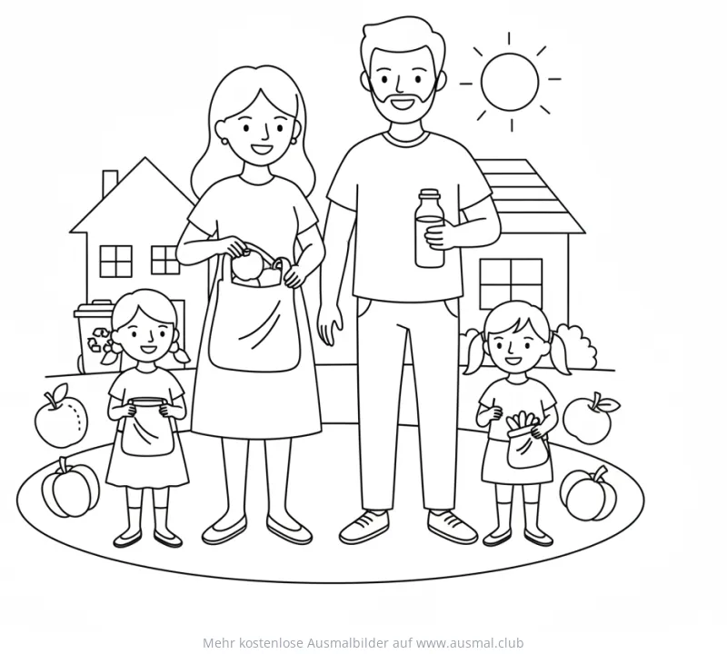 Familie mit Stoffbeuteln und Glasflasche Ausmalbild zum Thema Weniger Plastik