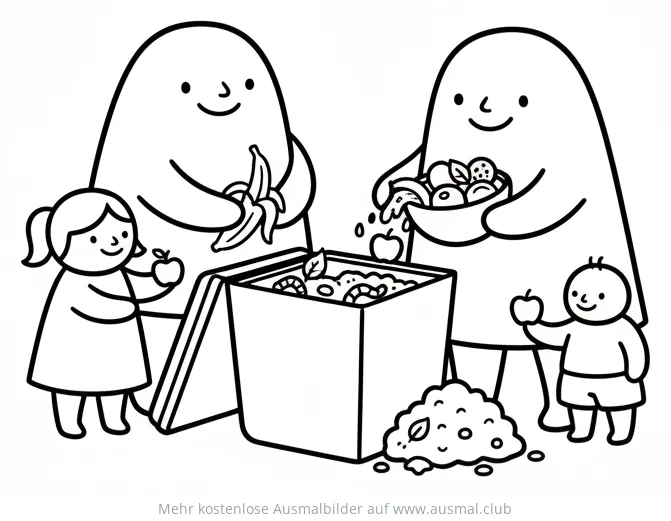 Familie kompostiert Obst und Gemüse Ausmalbild