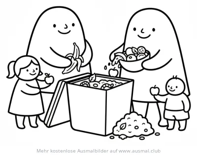 Familie kompostiert Obst und Gemüse Ausmalbild