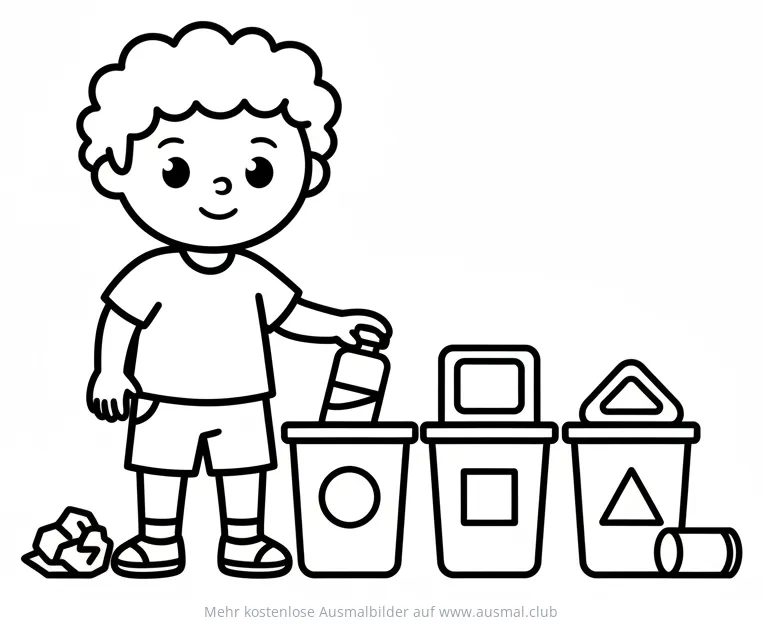 Junge sortiert Müll in Mülleimer Ausmalbild