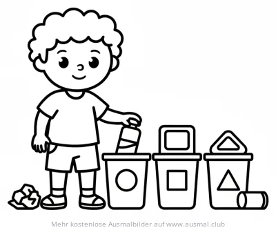 Junge sortiert Müll in Mülleimer Ausmalbild