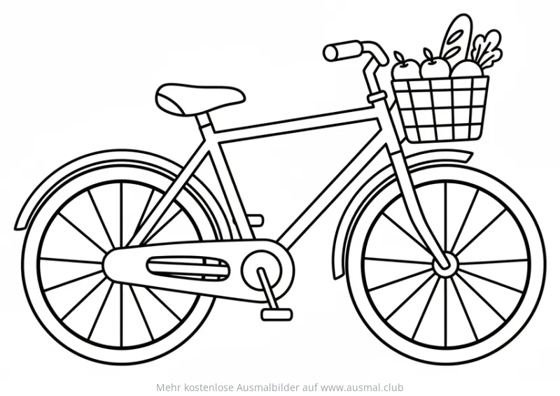 Fahrrad mit Einkaufskorb voller Lebensmittel Ausmalbild