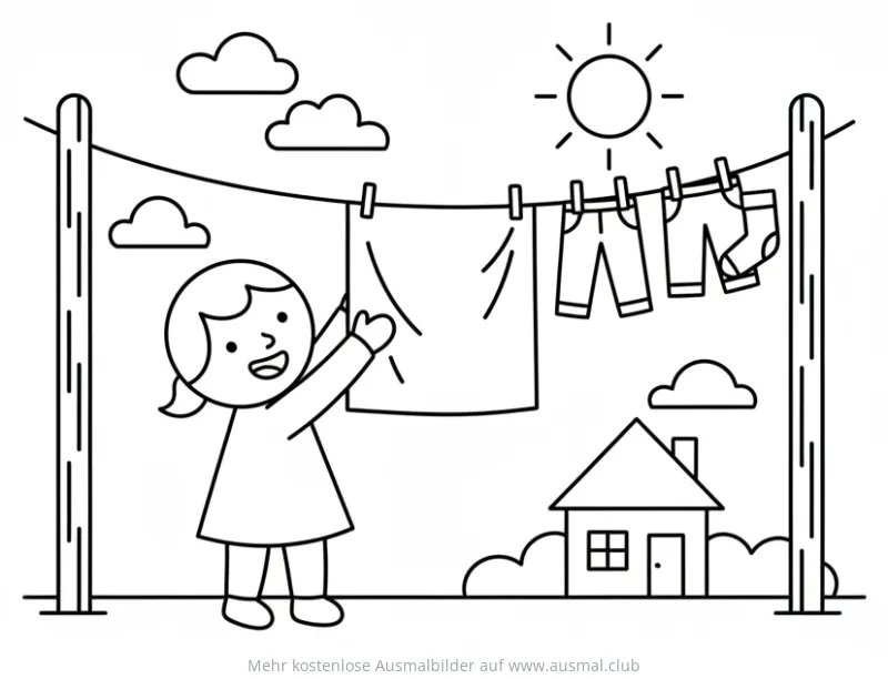 Mädchen hängt Wäsche auf Wäscheleine Ausmalbild