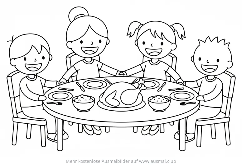 Familie am Erntedank-Tisch mit Truthahn Ausmalbild