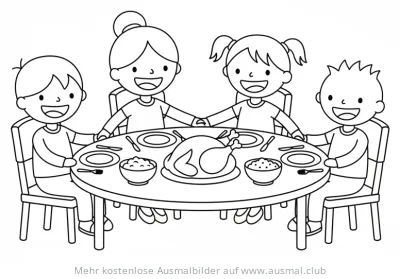 Familie am Erntedank-Tisch mit Truthahn Ausmalbild