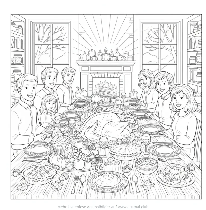 Familie am gedeckten Tisch beim Erntedankfest Ausmalbild