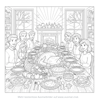 Familie am gedeckten Tisch beim Erntedankfest Ausmalbild