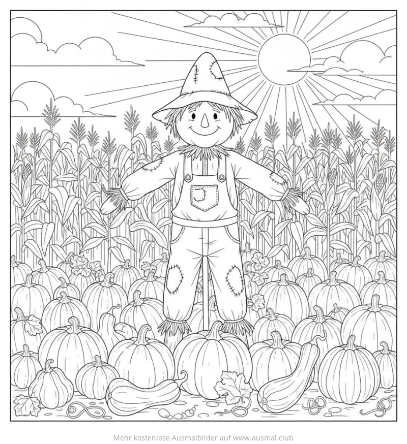 Vogelscheuche Ausmalbild auf Kürbisfeld vor Maisfeld