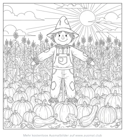 Vogelscheuche Ausmalbild auf Kürbisfeld vor Maisfeld