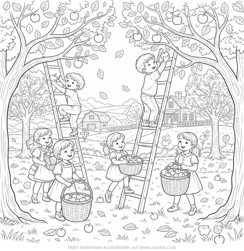 Kinder bei der Apfelernte Ausmalbild