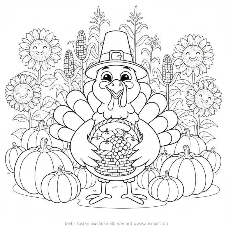 Truthahn mit Korb voller Früchte Ausmalbild zum Erntedank