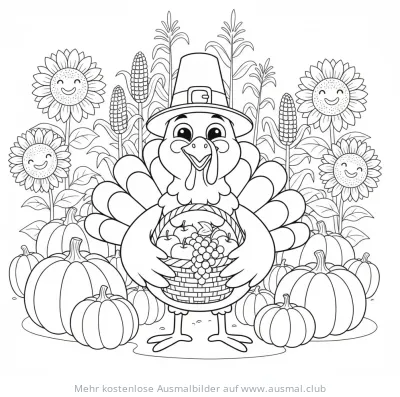 Truthahn mit Korb voller Früchte Ausmalbild zum Erntedank