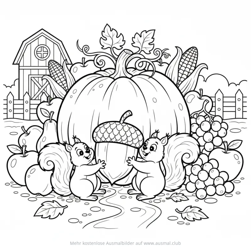 Erntedank Ausmalbild mit Kürbis, Eichhörnchen und Ernte Früchten