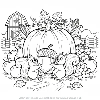 Erntedank Ausmalbild mit Kürbis, Eichhörnchen und Ernte Früchten