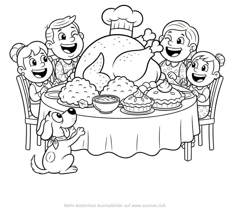 Familie beim Erntedankfest Essen mit Truthahn Ausmalbild