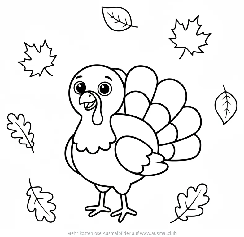Freundlicher Truthahn mit Herbstblättern Ausmalbild