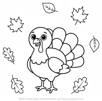 Freundlicher Truthahn mit Herbstblättern Ausmalbild