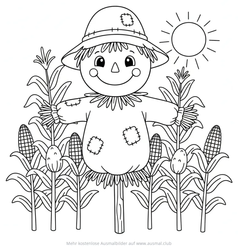 Freundliche Vogelscheuche im Maisfeld Ausmalbild