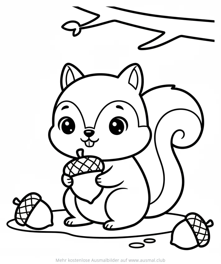 Niedliches Eichhörnchen mit Eicheln Ausmalbild