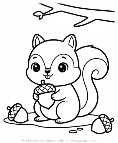 Niedliches Eichhörnchen mit Eicheln Ausmalbild