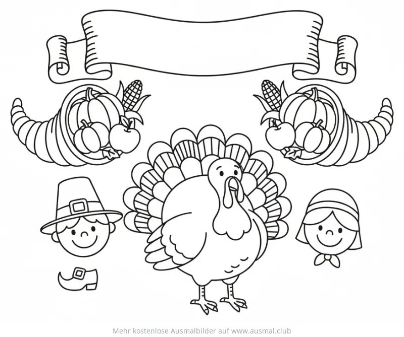 Erntedank Ausmalbild mit Truthahn, Füllhörnern und Pilgergesichtern