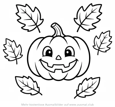 Lachender Kürbis mit Blättern Ausmalbild