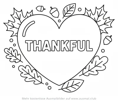 Herz Ausmalbild mit dem Wort 'Thankful', umgeben von Blättern und Eicheln