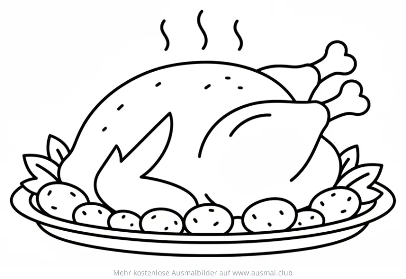 Brathähnchen auf Teller mit Kartoffeln Ausmalbild