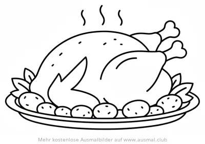Brathähnchen auf Teller mit Kartoffeln Ausmalbild