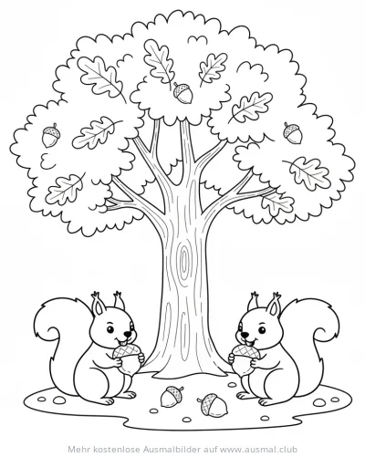 Eichhörnchen mit Eiche Ausmalbild im Herbst