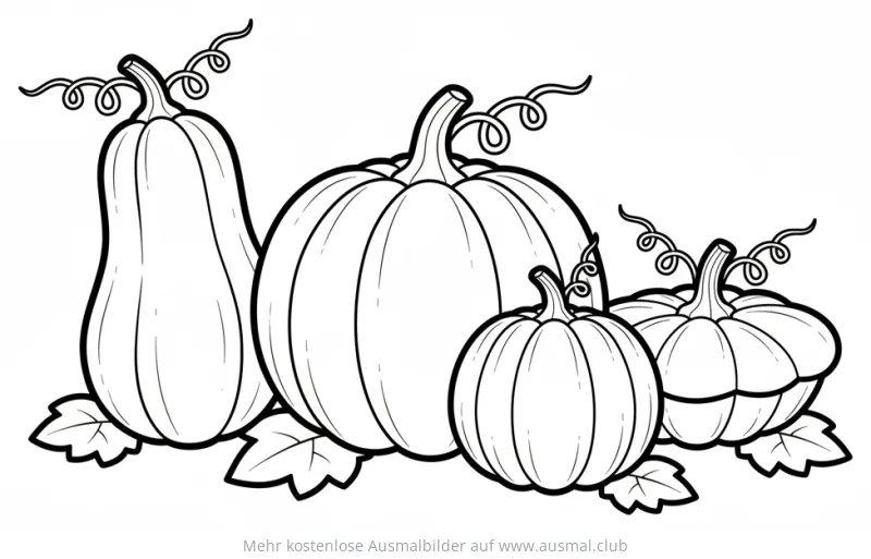 Kürbisse in verschiedenen Formen und Größen Ausmalbild