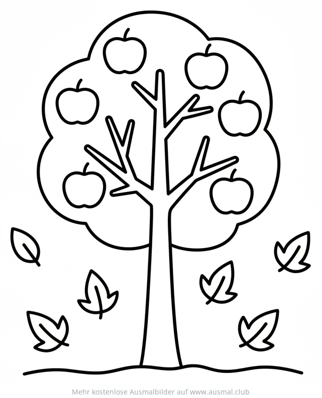 Apfelbaum mit Äpfeln und fallenden Blättern Ausmalbild