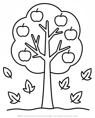 Apfelbaum mit Äpfeln und fallenden Blättern Ausmalbild