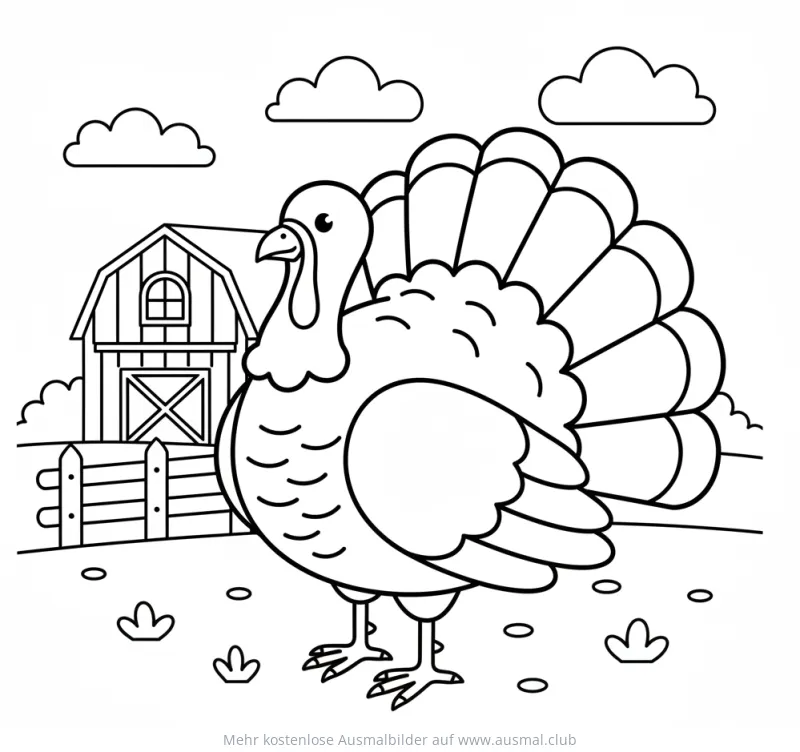 Truthahn Ausmalbild vor Bauernhofkulisse